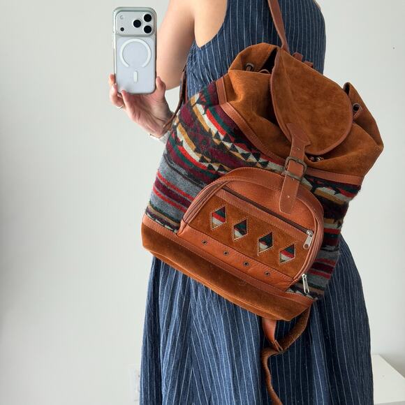Vintage Suede Leather Woven Backpack Handmade Southwestern Navajo Aztec Tapestry main image 7